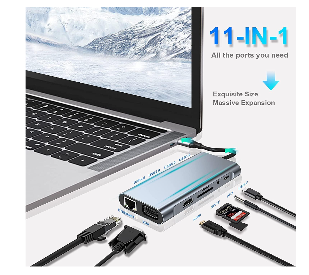 KABEWUS USB C HUB, 11-in-1 USB C Adapter with HDMI 4K VGA USB 3.0 Port PD Type-C RJ45 Ethernet Port SD/TF Card Reader, 3.5mm AUX Compatible with MacBo