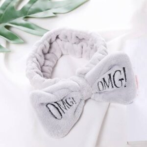 Women New Letter “OMG” Coral Fleece Soft Bow Headbands Cute Hair Holder Headwear Hair Accessories(Gray)