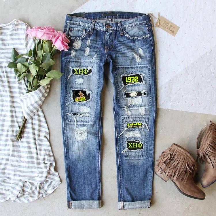 Fashion Retro Ripped Print Jeans