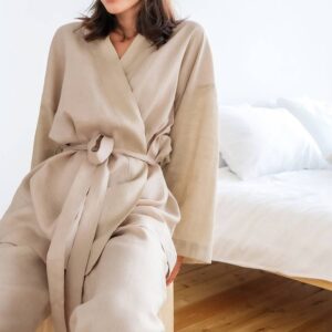 Long-sleeved fashion lady’s nightgown trousers casual cotton and linen suit
