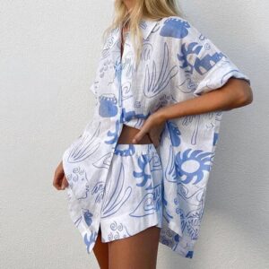 Spring and summer printed pajamas loose half-sleeved shorts two-piece set