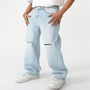 Men’s Knee Ripped Grind White Loose Jeans