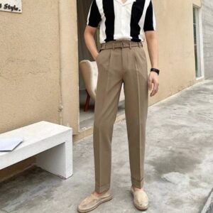 Mens slim high-waisted all-match straight trousers