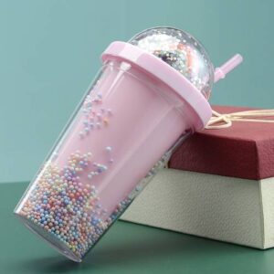 401-500ml Rainbow Bubble Straw Cup Double-layer Plastic Girly Heart Drink Bottle(Pink)