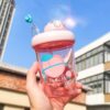 MTUTU Fruit Landscape Rotary Cup Straw Cup Fun Children Water Cup, Capacity: 390ml(Peach Pink)
