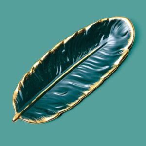 Phnom Penh Ceramic Dessert Plate Feather Plate Banana Leaf Fruit Dried Fruit Storage Tray, Size: Large （Bright Emerald)