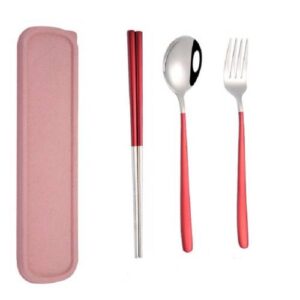 3pcs / Set Portable Stainless Steel Tableware Creative Set Chopsticks Spoon Fork Gift, Color:Red