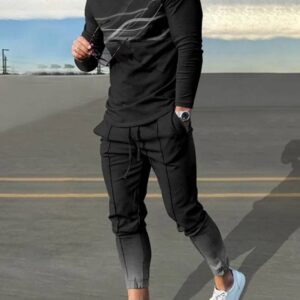 Black Gradient Lines Print Long Sleeve T-Shirt And Pants-1