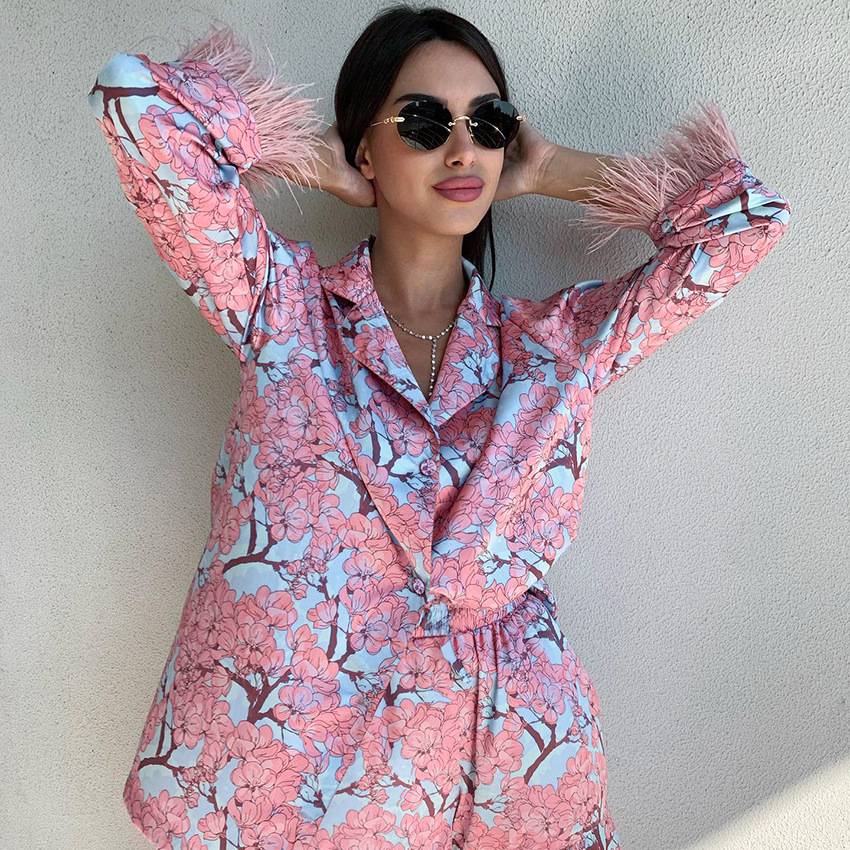 Printed Ostrich Feather Pajamas Long Sleeves Can Be Worn Out Home Ladies Clothes