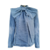 Casual Plain Denim Stand Collar Long Sleeve Bow Blouse