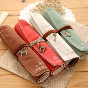 Korean small fresh cotton and linen retro roll pencil bag creative student canvas stationery bag pen curtain