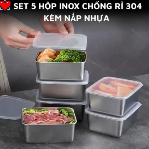 Set 5 Hộp Inox Đựng Thực Phẩm,Đựng Đồ Ăn,Gia Vị Trong Tủ Lạnh Có Nắp Nhựa Kèm Theo,Bền Và Sạch Sẽ