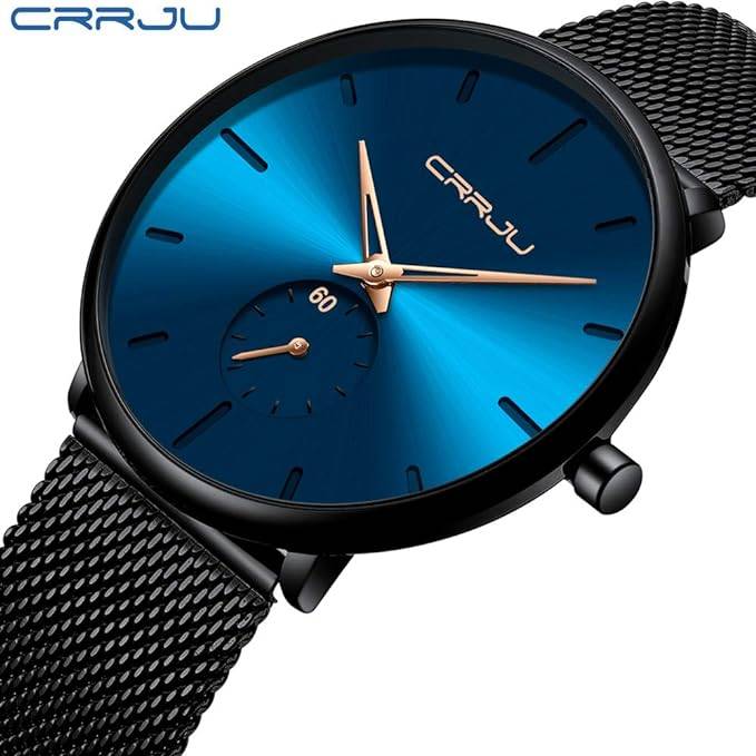 CRRJU Minimalist Men's Watch, Black, Casual, Modern, Analog, Quartz, Mesh Steel Bracelet