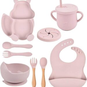 Silicone baby feeding -suction plates for baby – Weaning supplies for babies include food bib, foldable utensils and cup