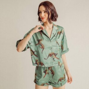 Short Sleeve Animal Print Pajamas Ice Silk Comfortable Shorts Two-piece Set Loose Ladies Homewear