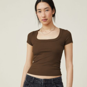 Amazon Europe and the United States Y2K Summer Navel Short Women’s Fit Square Neck Short Sleeve T-Shirt Thread Knit Top