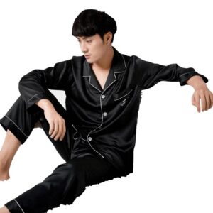 2022 new men’s stretch satin chiffon pajamas men’s spring and summer simulation silk long-sleeved homewear suit