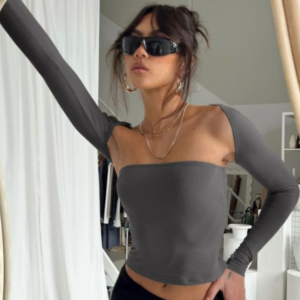 Summer Y2K fashion new women’s sexy tube top waist T-shirt long-sleeved tight blouse two-piece women’s top