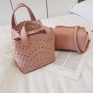 2 PCS Women Hollow Out PU Leather Bucket Bag Solid Crossbody Bag