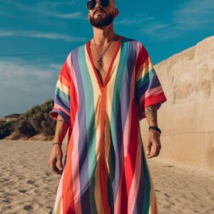 Rainbow V-neck Men Long Caftan