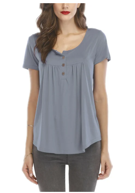 Women's pleated button loose short-sleeved T-shirt