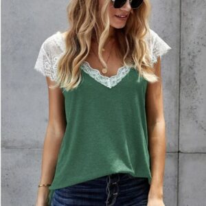 Women’s V Neck Lace Vest Summer Casual Short-sleeved Top