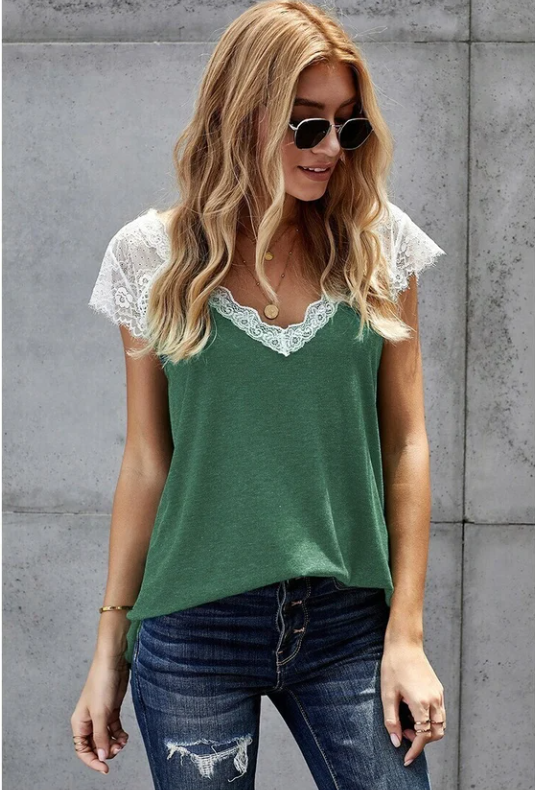 Women's V Neck Lace Vest Summer Casual Short-sleeved Top