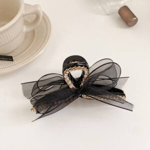 French Style Hairpin Gripper Mesh Lace Bowknot Rhinestone Hairpin(Black)