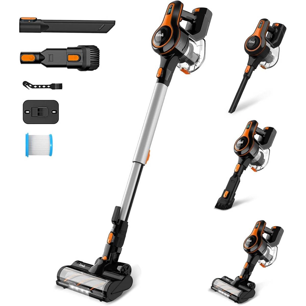 INSE S610 Cordless Vacuum Cleaner: 6-in-1, 25Kpa Power, 300W, 45min Runtime, Lightweight, Ideal for Pet Hair, Hard Floor, Carpet (Black).