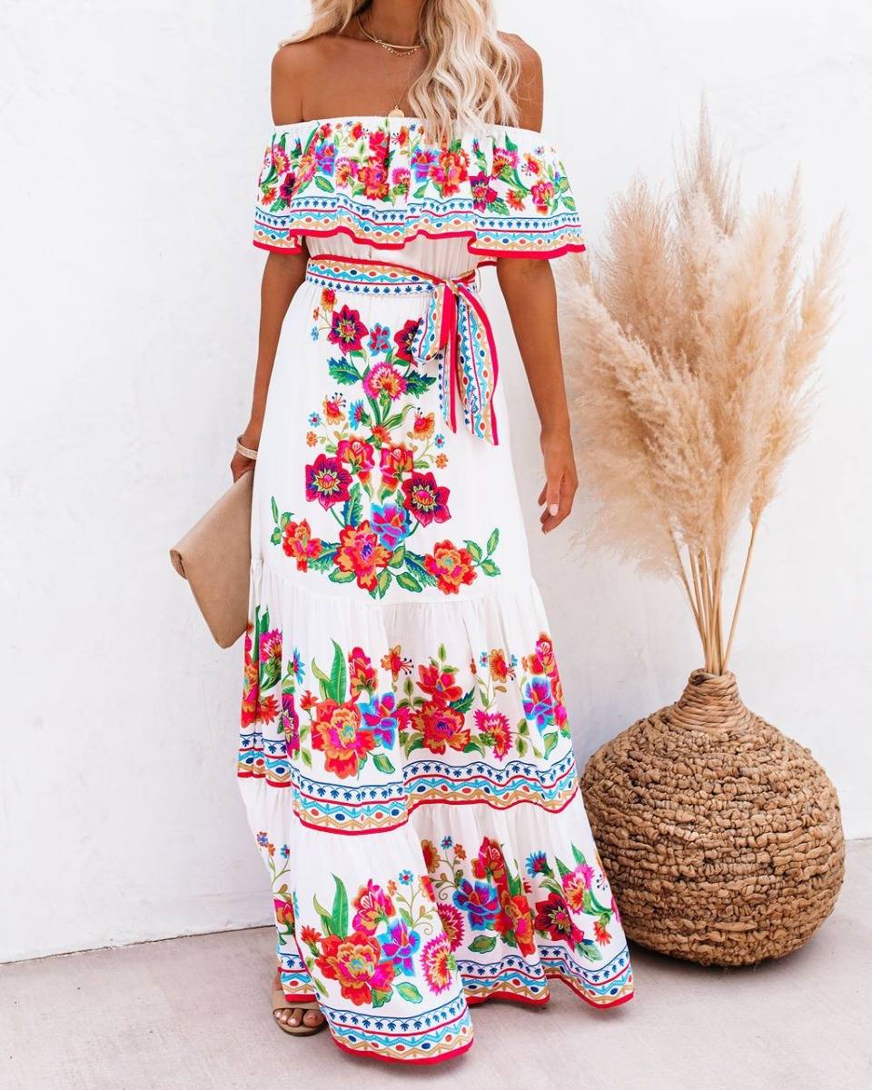 One-shoulder red flower print long swing dress.