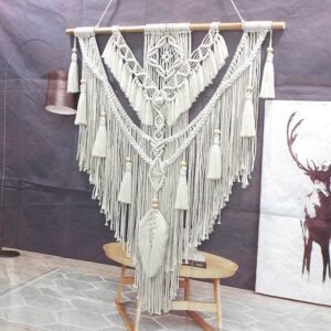 Macrame Wall Hanging Largely Cotton Rope Hand-Woven Tapestry, Above Bed Wall Decor for Bedroom with Wood Beads Design