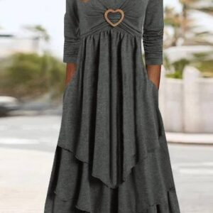 Solid color waistline LOVE decorative layer cake hems casual dress.