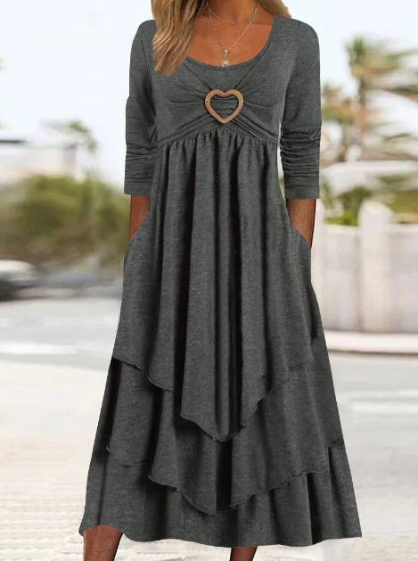 Solid color waistline LOVE decorative layer cake hems casual dress.