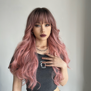 Gradient pink long curly hair synthetic wig headband