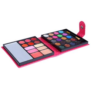 6039 32 color combinations, 20 color eye shadow palette + blush, powder, lip jelly with mirror & brush / wallet style set (color: plum red)