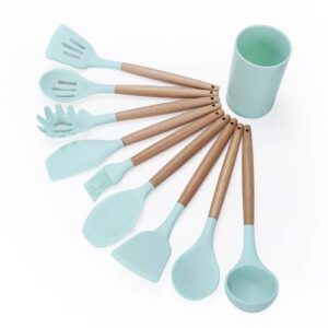 kn082 9 in 1 Wooden Handle Silicone Kitchen Tool Set with Storage Bucket(Green)