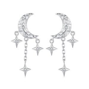 BSE858 Sterling Silver S925 Platinum Zircon Moon Tassel Earrings