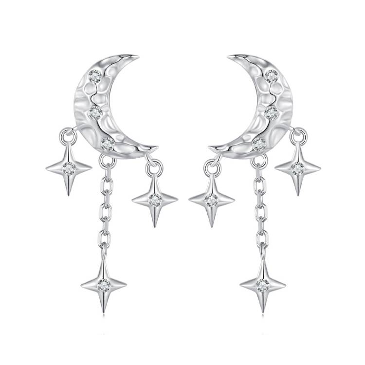 BSE858 Sterling Silver S925 Platinum Zircon Moon Tassel Earrings