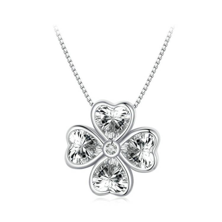 BSN334 Sterling Silver S925 Platinum Plated Lucky Clover Pendant Necklace