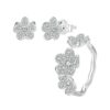 ZHS311 Sterling Silver S925 Platinum Plated Full Set Flower Earrings&Open Ring Set