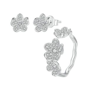 ZHS311 Sterling Silver S925 Platinum Plated Full Set Flower Earrings&Open Ring Set