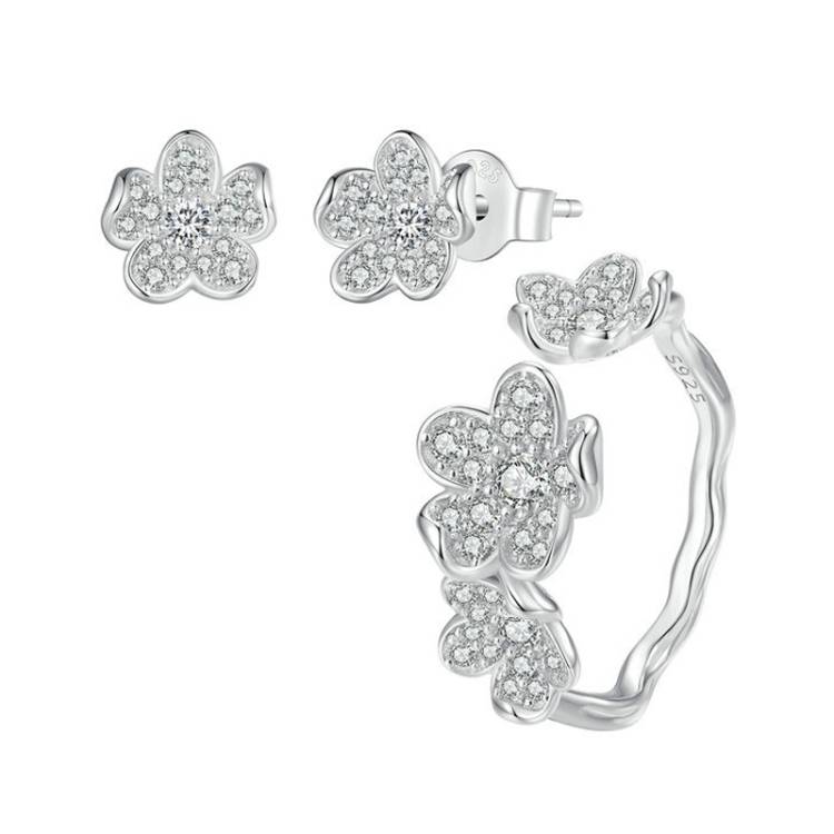 ZHS311 Sterling Silver S925 Platinum Plated Full Set Flower Earrings&Open Ring Set