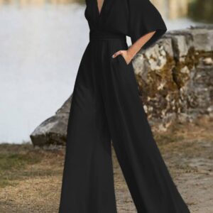 Solid color V-neck Jumpsuit with Wide Leg and Half Sleeves