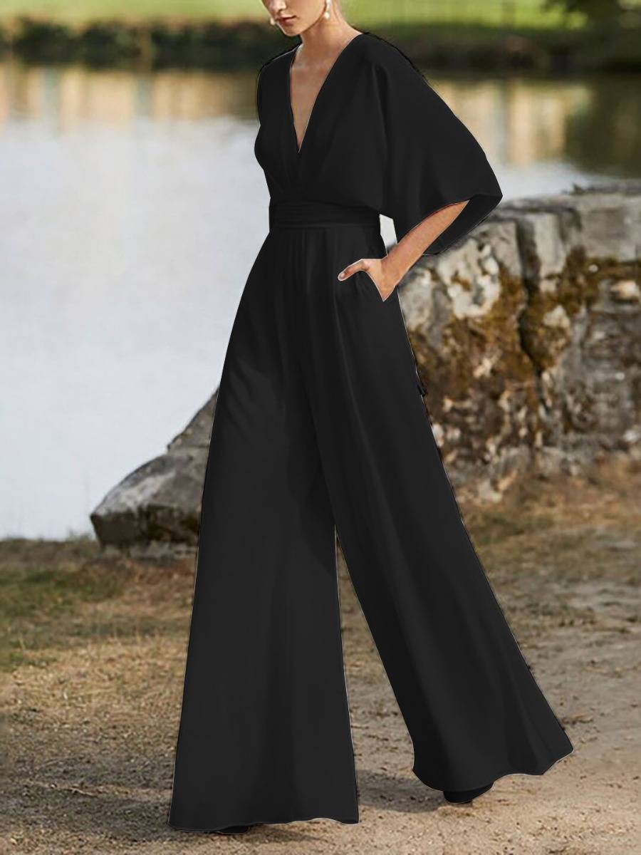 Solid color V-neck Jumpsuit with Wide Leg and Half Sleeves