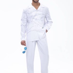 Suitmens White Art Two-Piece Long Sleeve Print Walking Pants