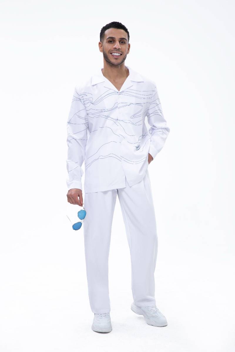 Suitmens White Art Two-Piece Long Sleeve Print Walking Pants