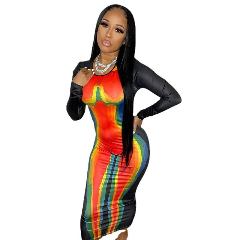 Herbst 2022 Thermo-Design bedruckte Farbkollision dünnes Langarmkleid für Damen