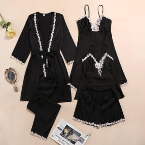 Ice silk pajamas women’s summer five-piece long-sleeved suspender nightdress thin section sexy lace with chest pad home clothes