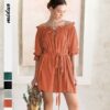 high level customized women’s frill drawstring dress women’s loose orange dress