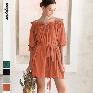 high level customized women’s frill drawstring dress women’s loose orange dress